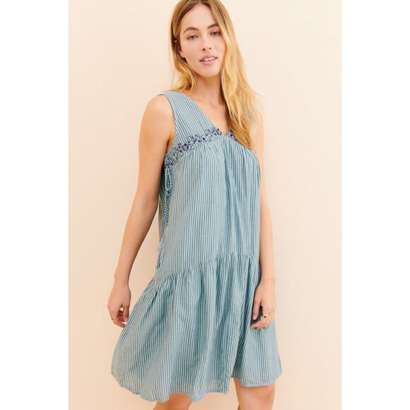 New Anthropologie Aida Embroidered Mini Dress $148 SMALL Blue Floral Striped - Picture 5 of 8